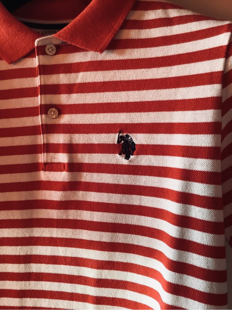 Koszulka polo U.S. Polo Assn. czerwono-biale paski, logo, XS/S