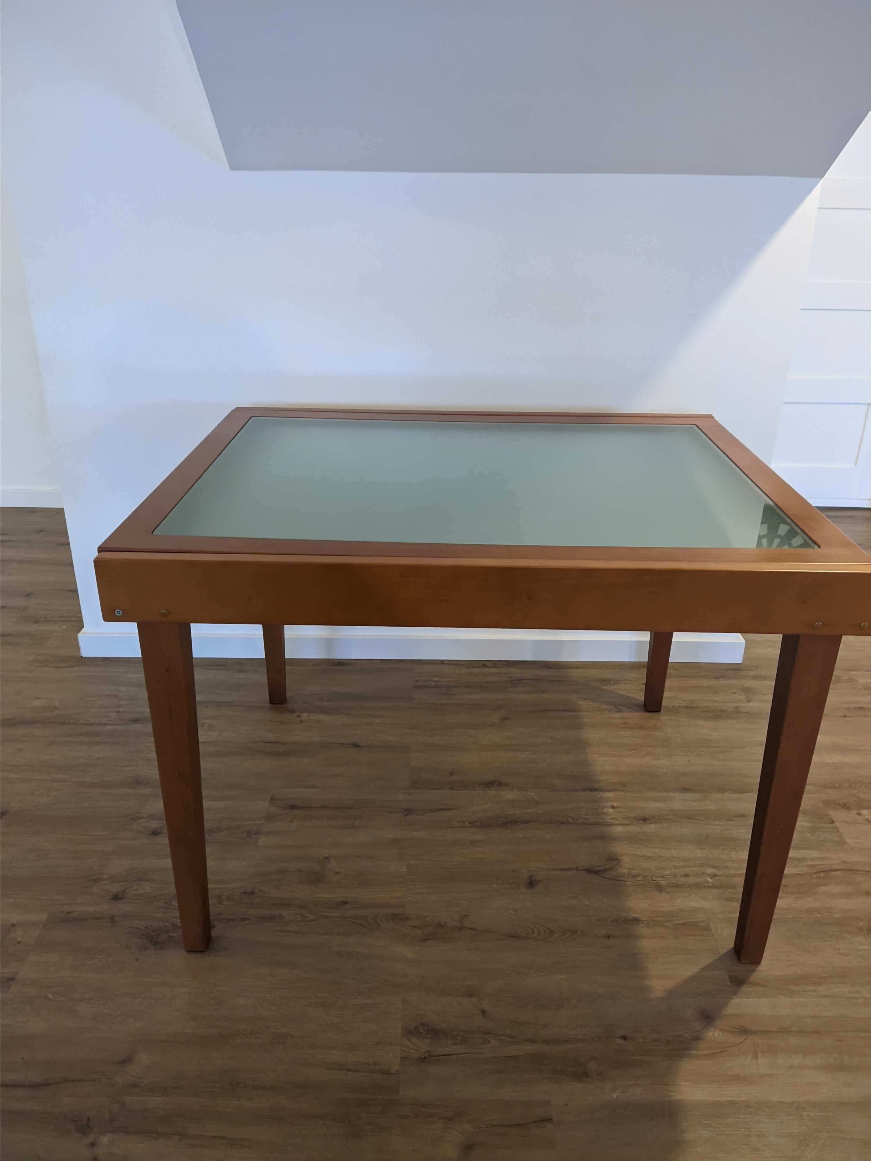 Mesa de jantar extensível, 2 tampos em vidro + 4 cadeiras