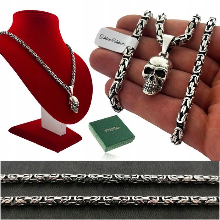 Srebrny Gruby Łańcuszek Splot Królewski + Zawieszka Czaszka / Czacha P