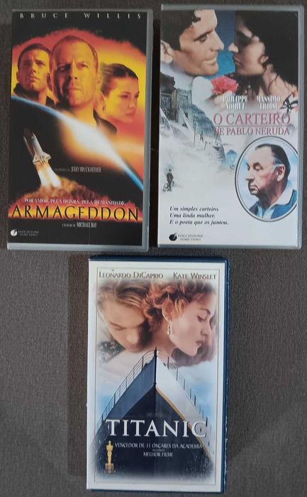 VHS - 3 filmes "Armageddon", "O carteiro de Pablo Neruda" e "Titanic".