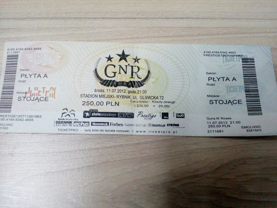 Guns n Roses - bilet z koncertu w 2012 roku w Rybniku