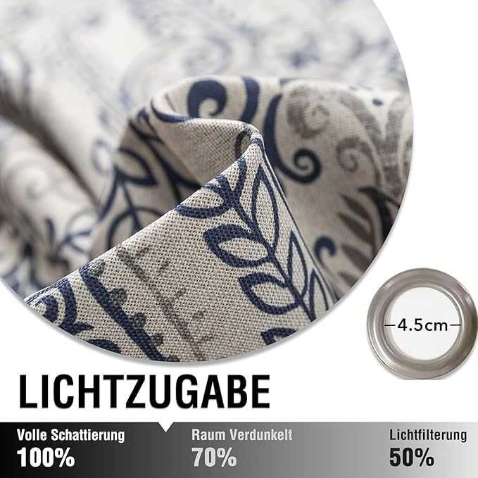 Zasłony okienne vintage 225x130 niebieskie len piękny wzór