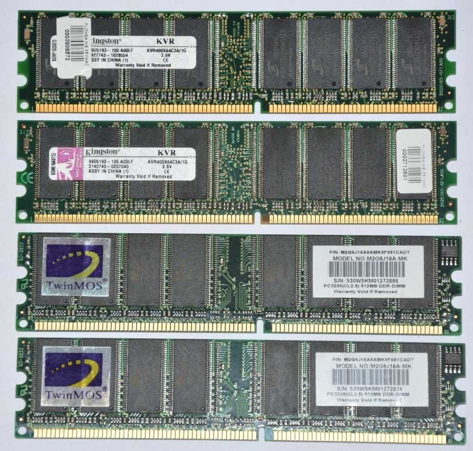 Pamięć RAM 2x Kingston DDR, 1 GB, 400MHz, CL3 + 2x 512MB DDR Twinmos