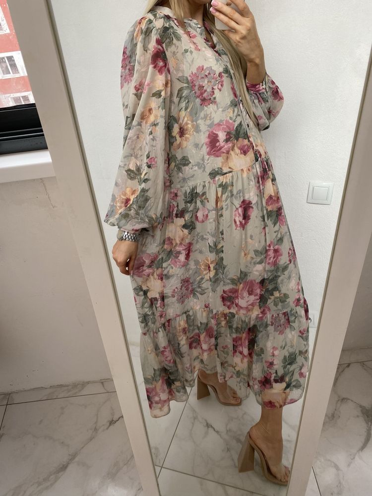 шифоновое платье h&m розы цветочное платье миди макси цветы шифон
