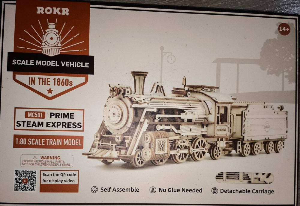 Robotime drewniany model puzzle 3D lokomotywa  drewniany pociąg 308el.