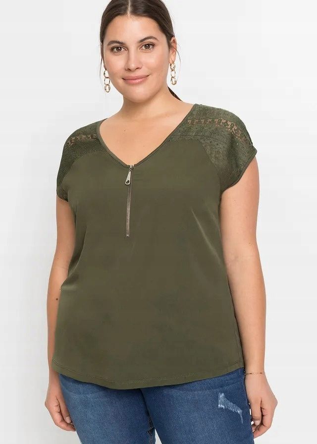 B.P.C bluzka top khaki z koronką i z zamkiem 44/46.
