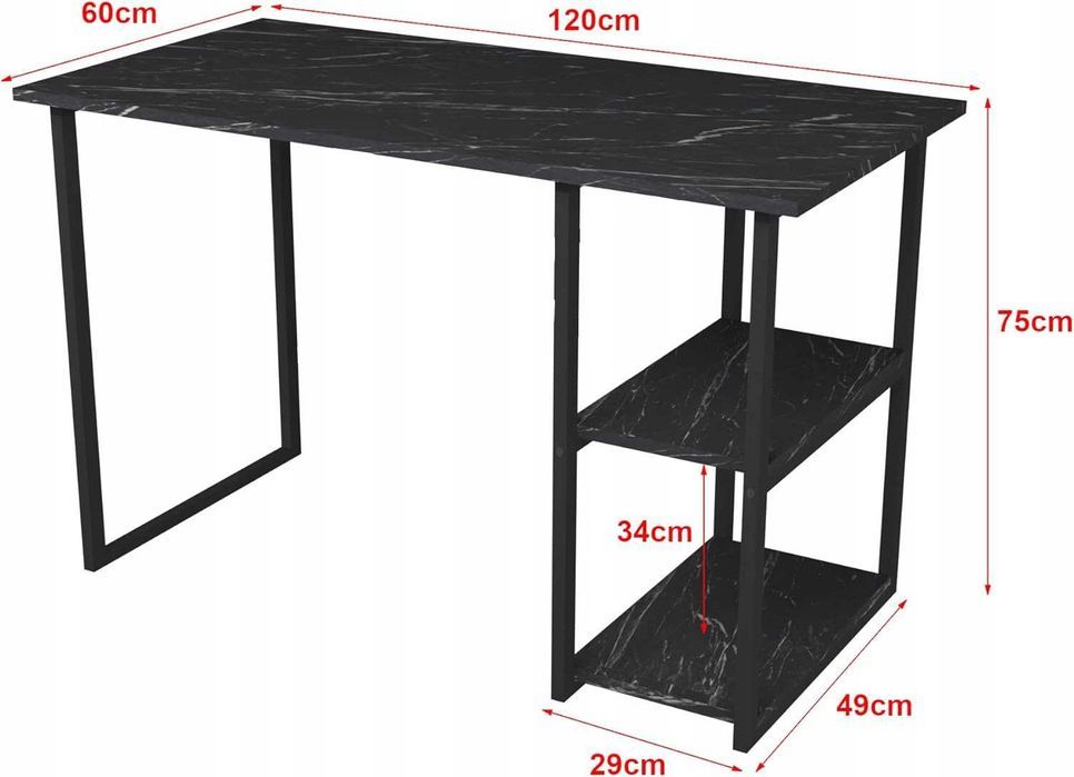 Biurko Komputerowe Metalowe Loftowe z Półkami 120Cm x 60Cm Marmur