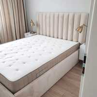Łóżko tapicerowane półwałki panele beż welur cream pojemnik glamour