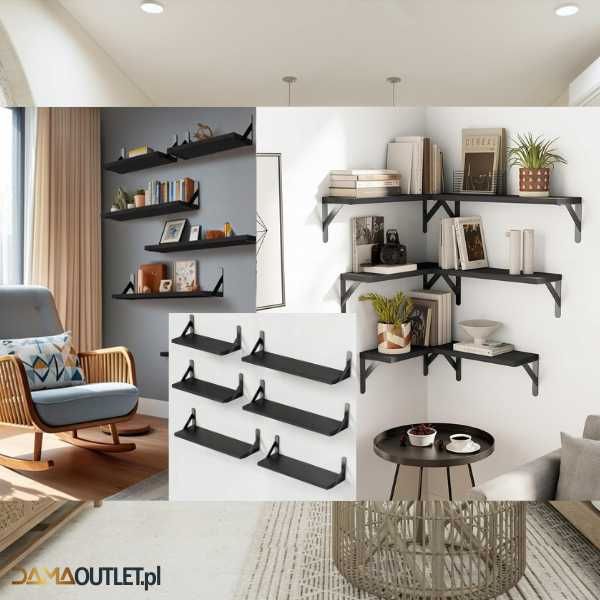 ZESTAW 6 półek ścienne czarne metalowe uchwyty  DaMaOutlet.pl