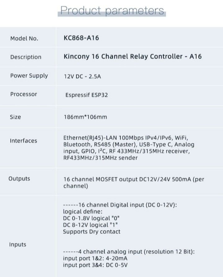 Kincony KC868-A16 ESP32 RS485 i2C LAN Ethernet Home Assistant Tasmota