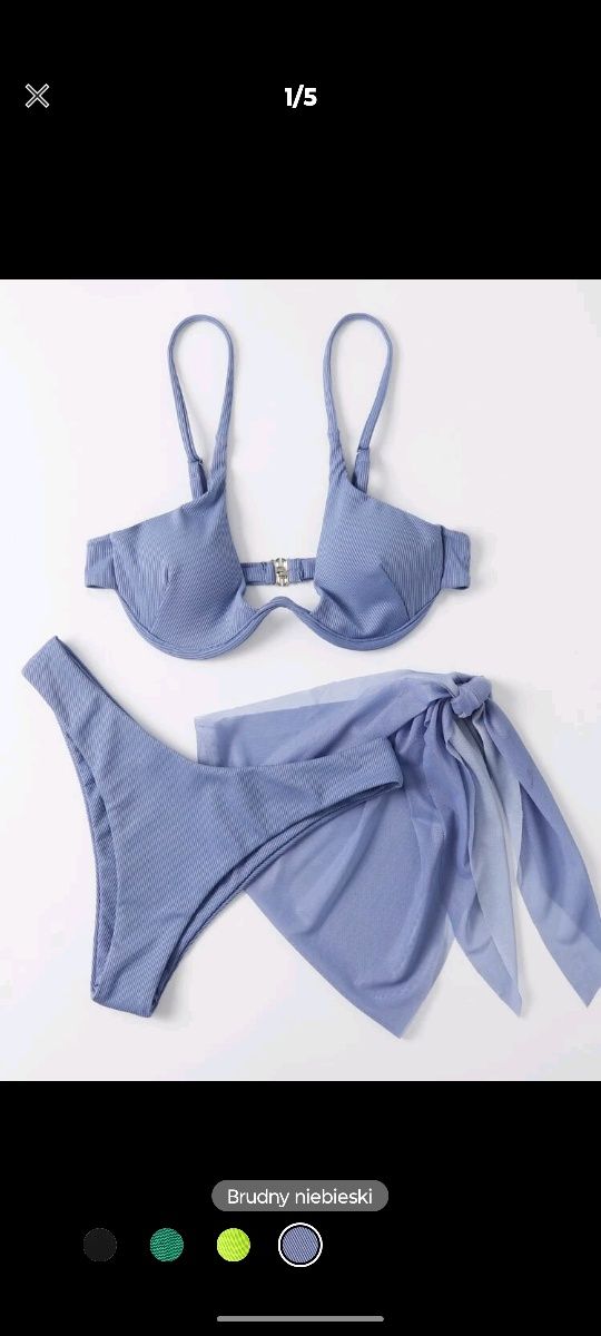 3 częściowy komplet bikini, kolor brudny niebieski