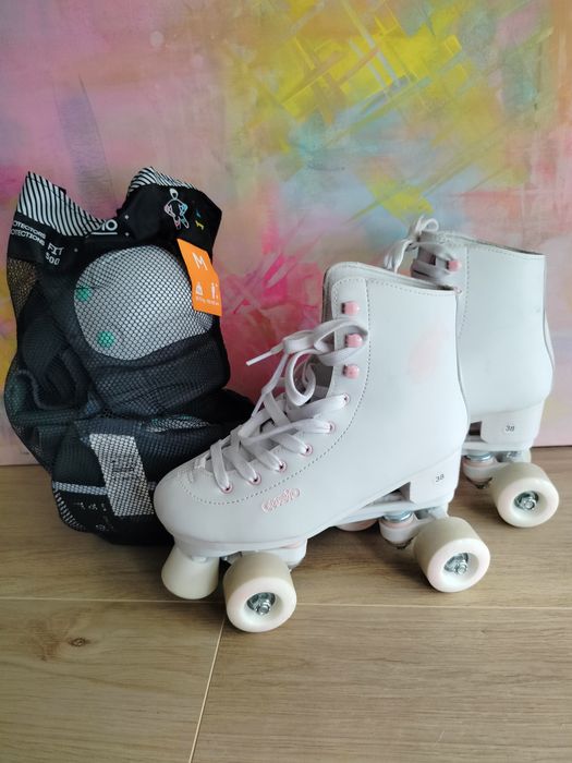 Wrotki Oxelo białe 38, plus ochraniacze M