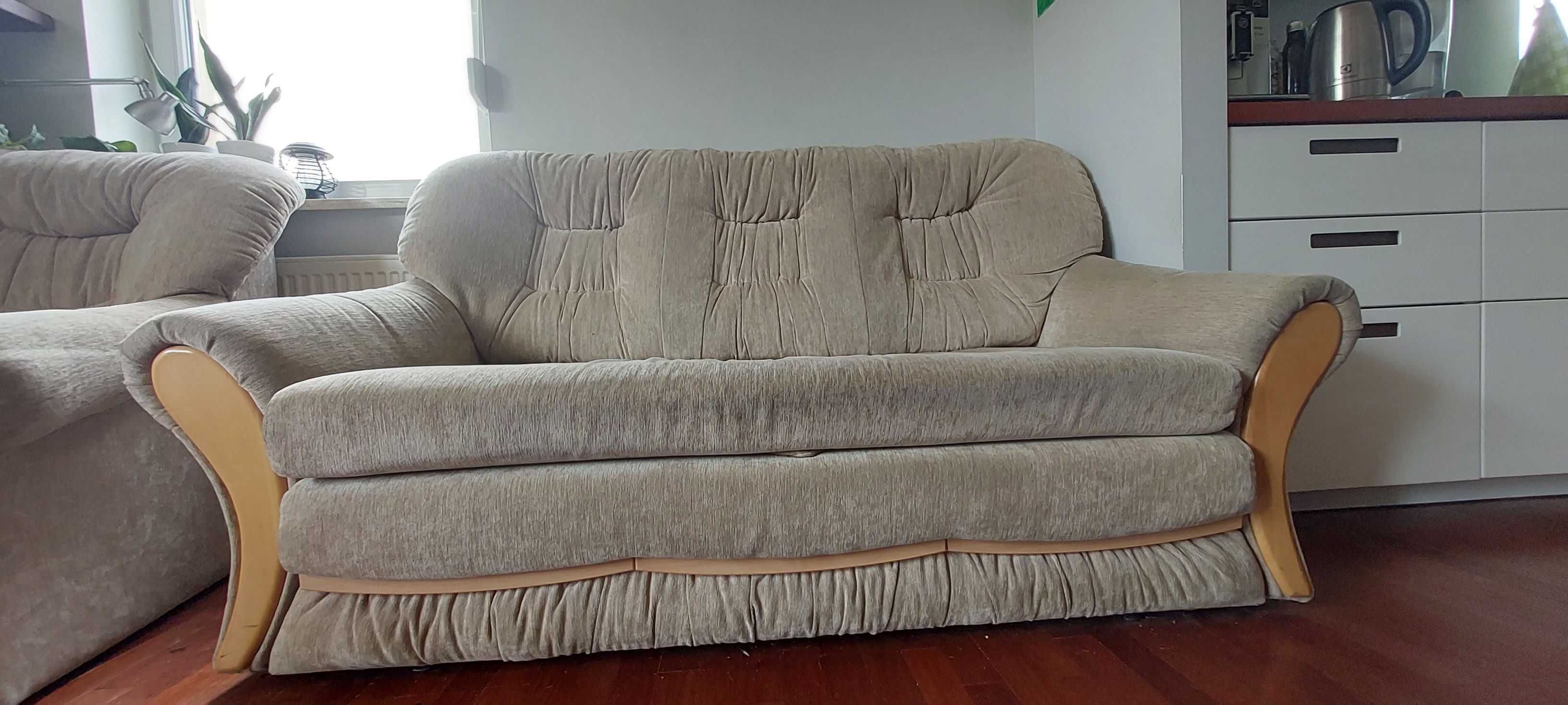Beżowa rozkładana sofa z pojemnikiem (amerykanka) i fotel (Jagodno)