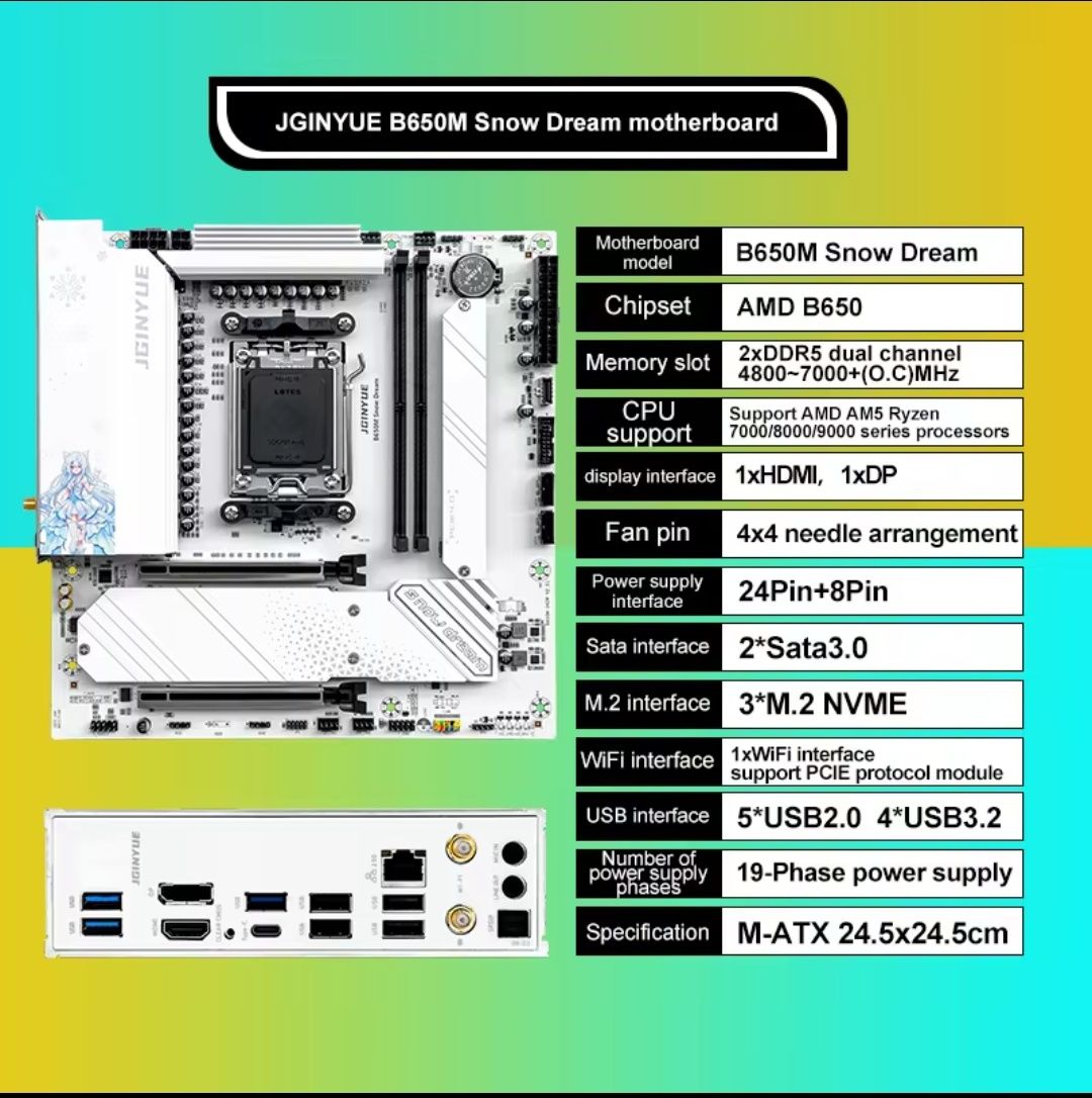 JGINYUE B650M Snow Dream материнская плата M-ATX AMD AM5 DDR5