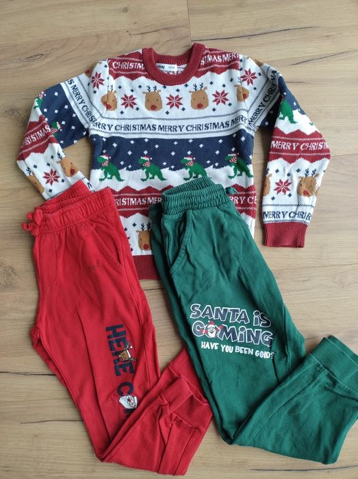 Zestaw 122 Zielone czerwone spodnie dresowe sweter świąteczny
