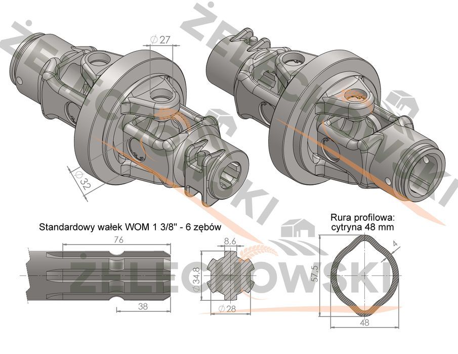 Przegub szerokokątny dwukrzyżakowy homokinetyczny 830Nm cytryna 48 mm