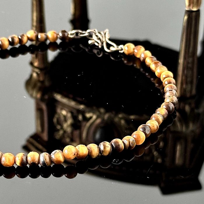 Bransoletka srebra na nogę, naturalne Tygrysie Oko, srebra próby 800