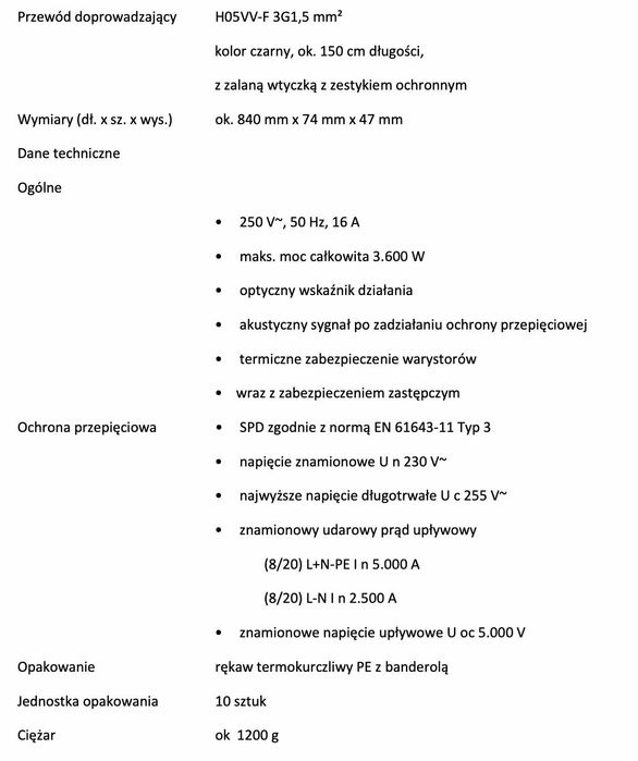 Ehmann listwa zasilająca z 6 gniazdami i zabezpieczeniem przepięciowym