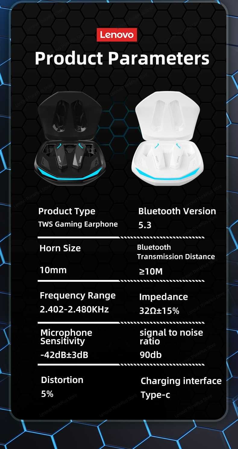 Słuchawki wireless Bluetooth Lenovo GM2 pro czarne black led nowe