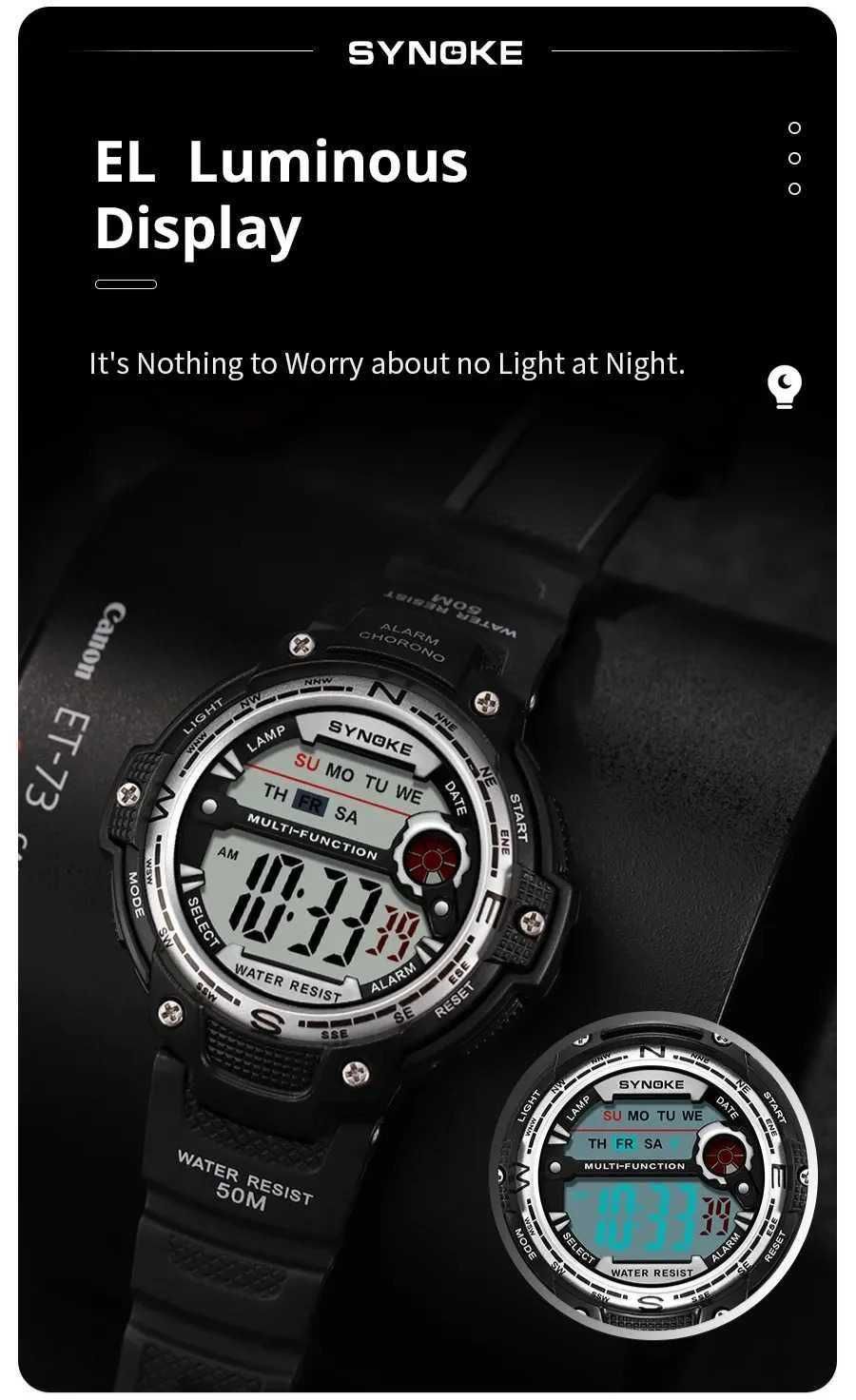 Zegarek elektroniczny Synoke męski sportowy wodoszczelny WR50 LED