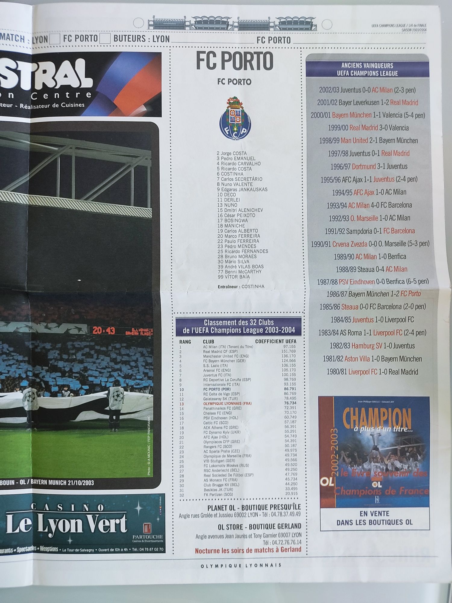 Programa oficial Lyon FC Porto 2003/2004 liga dos campeões