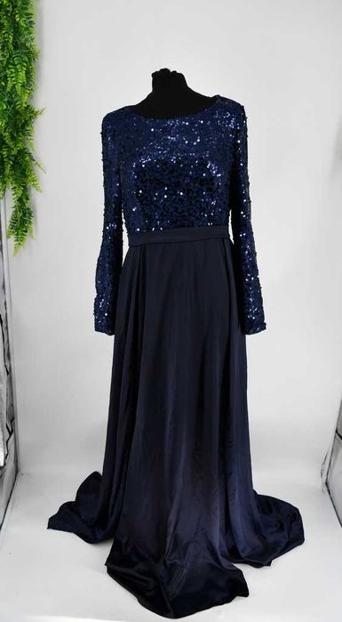 Wizytowa sukienka Giffniseti granatowa, cekinowa góra, tren, L