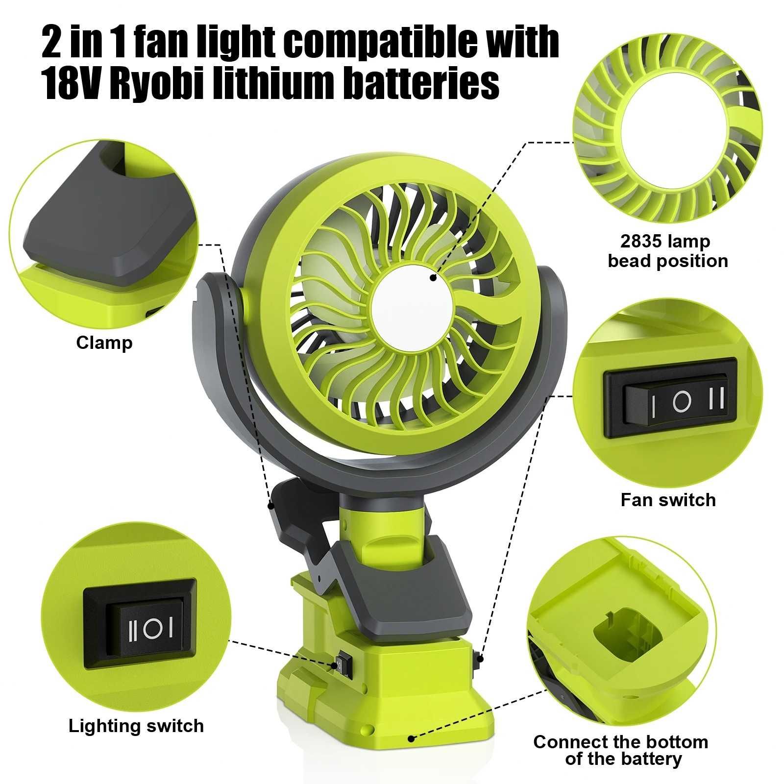 Przenośny Wentylator z Lampą LED Ryobi 18V 2 Prędkości i Tryby Jasność