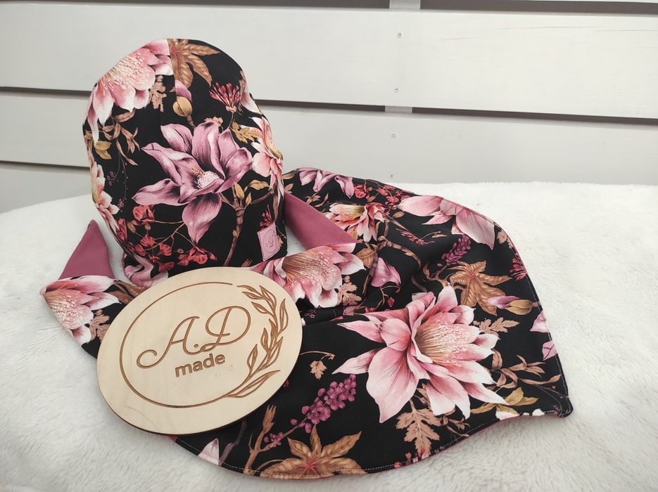 Komplet Kwiaty,czapka,chustka 74,80,86,92,98,104,110,116,122,128,134