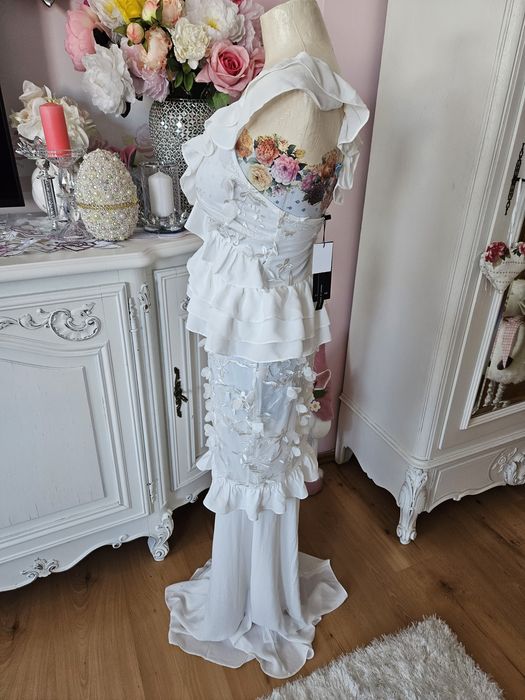 Piękna długa biała sukienka suknia motylki S 36