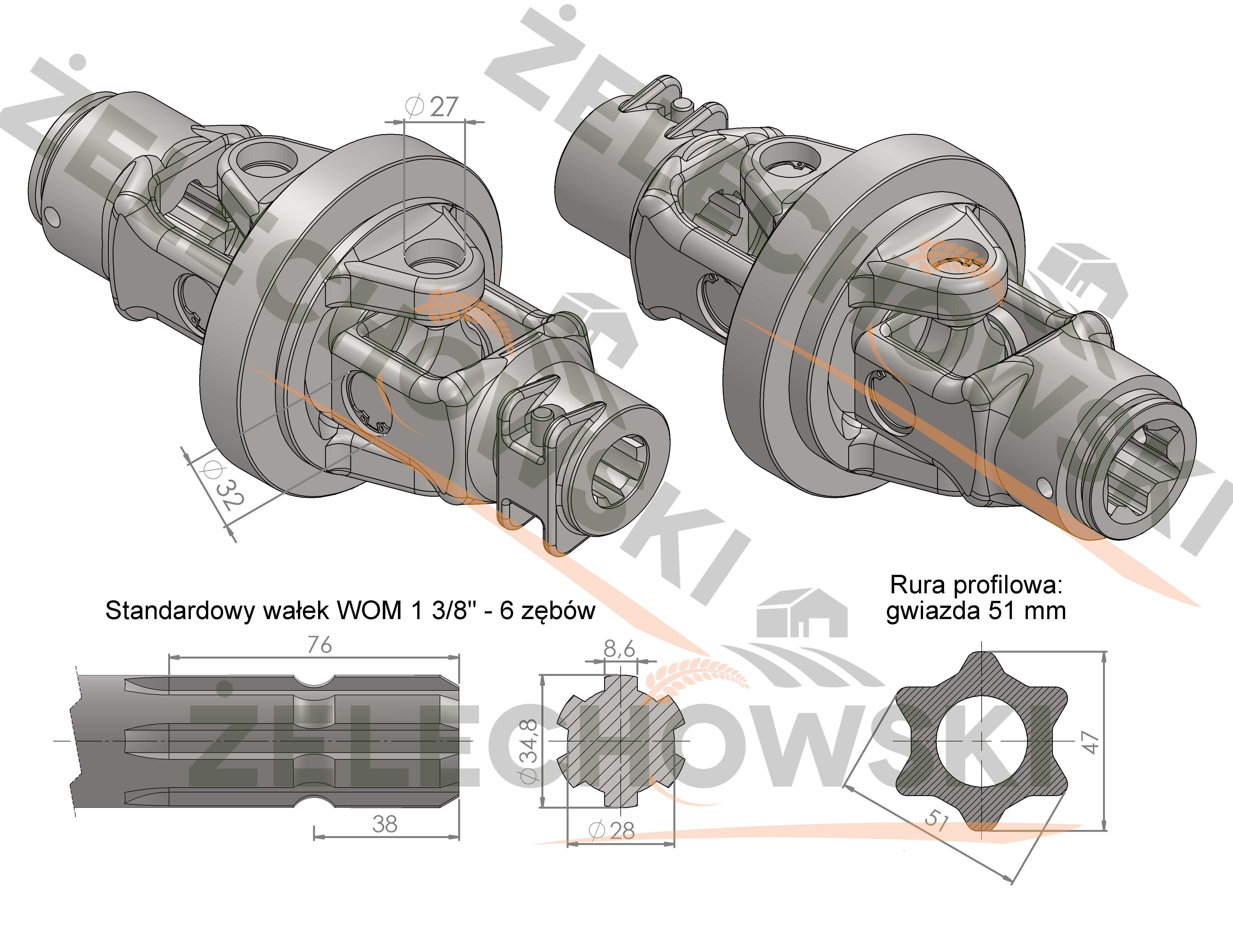 Przegub szerokokątny dwukrzyżakowy homokinetyczny 830 Nm gwiazda 51 mm