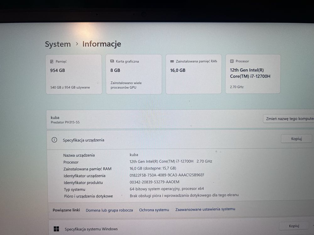 Sprzedam mocny laptop gamingowy!! Acer predator helios 300 ekran 240hz