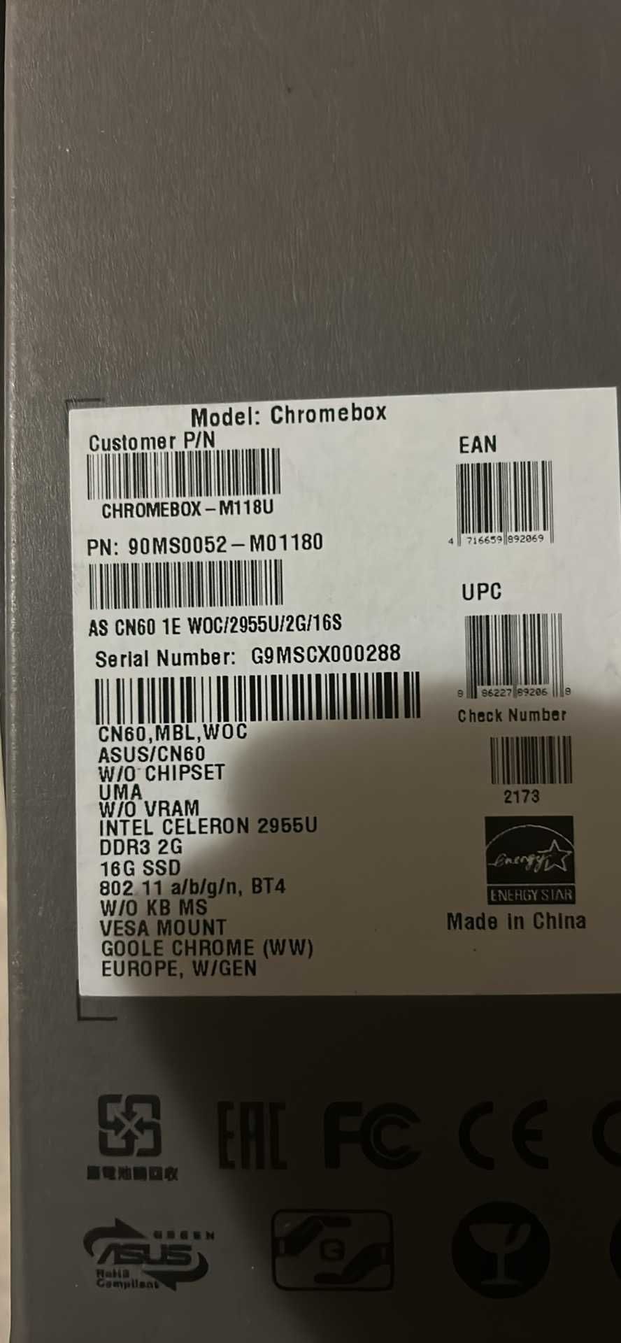chromebox ASUS 16G intel celeron 2955U