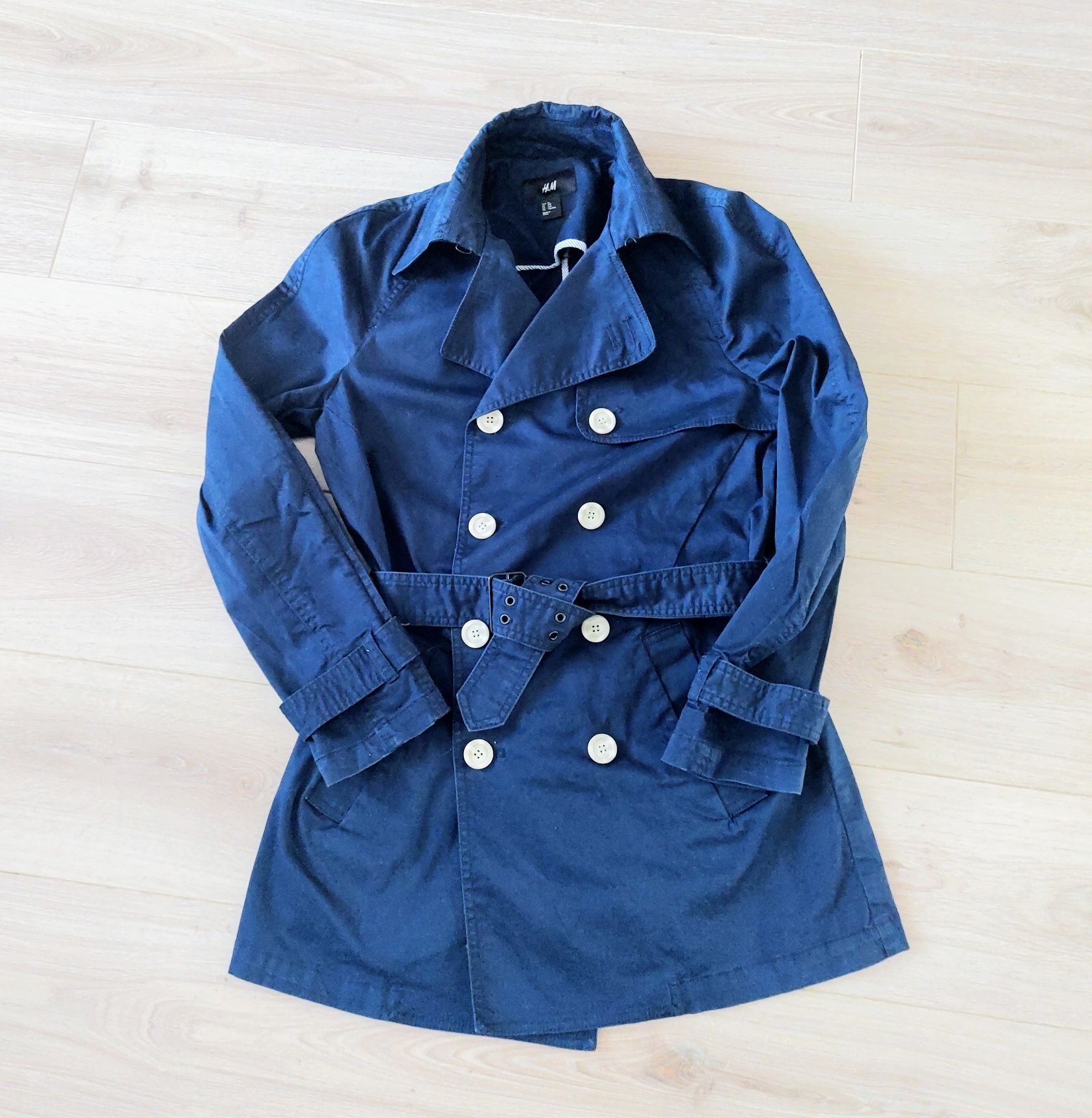 Wiosenny dwurzędowy granatowy trencz damski, H&M, roz.38-40