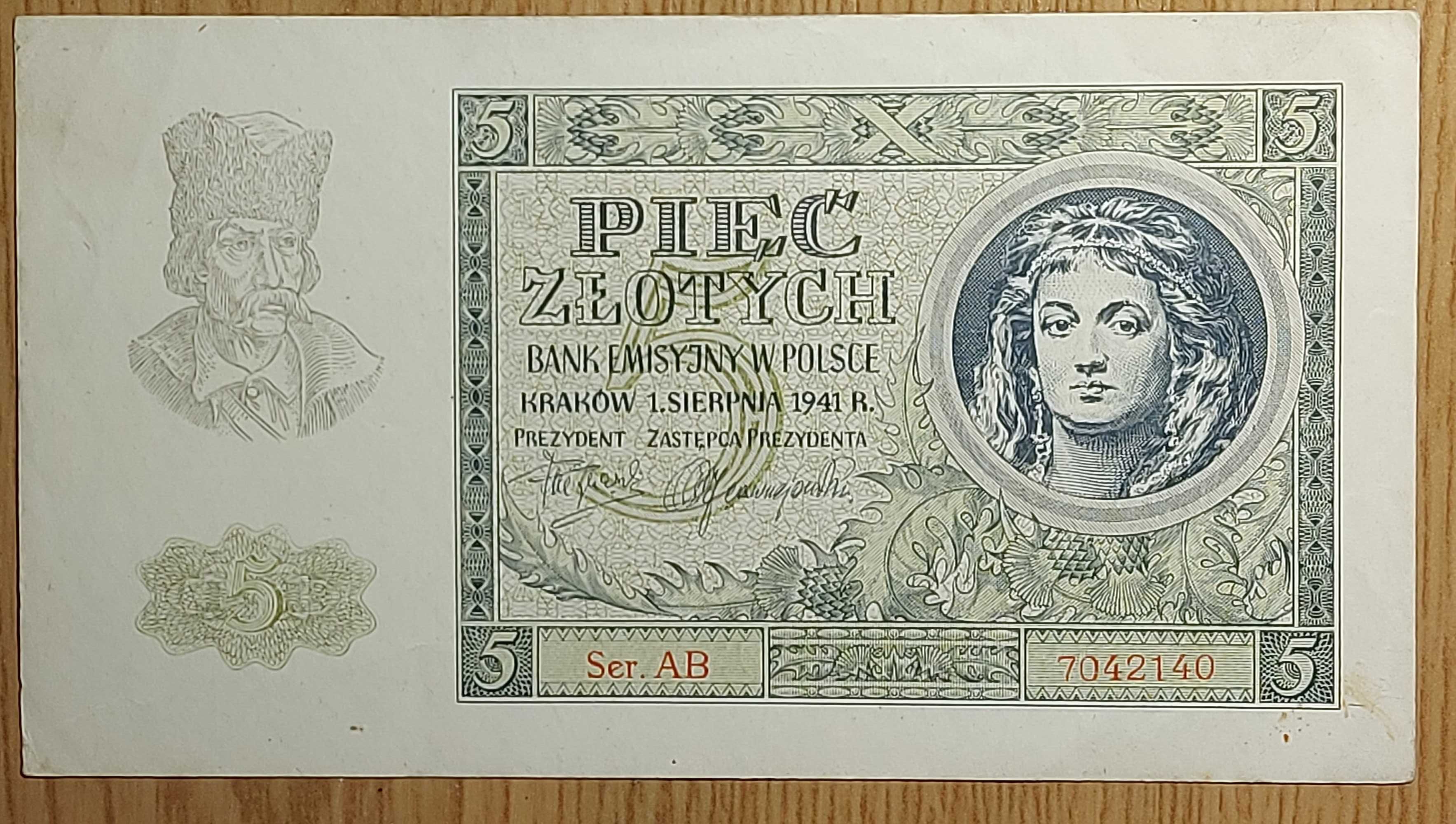 Banknot 5 złotych z 1941 roku.