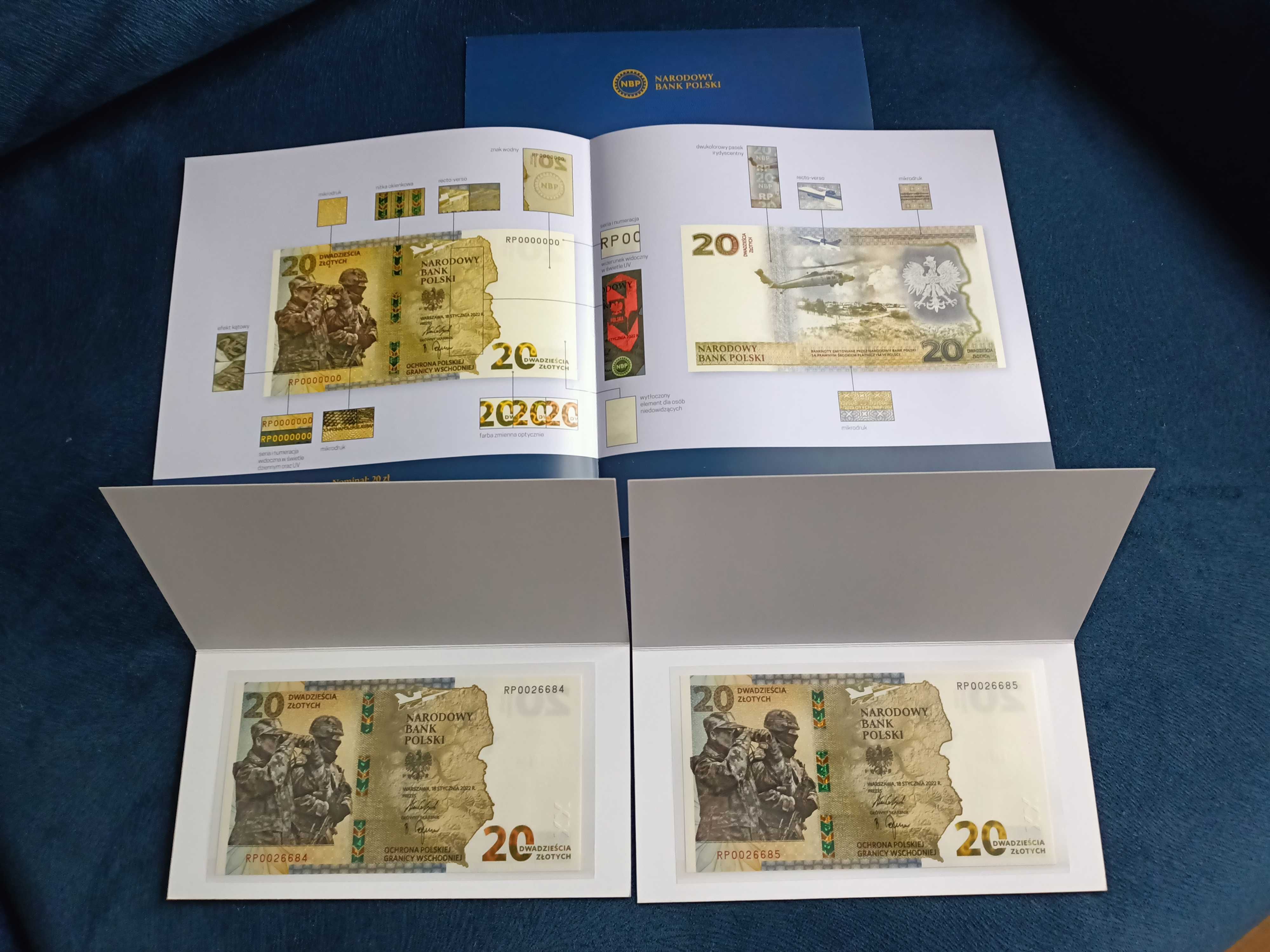 20 złotych 2022 stan 1 UNC , dwa banknoty