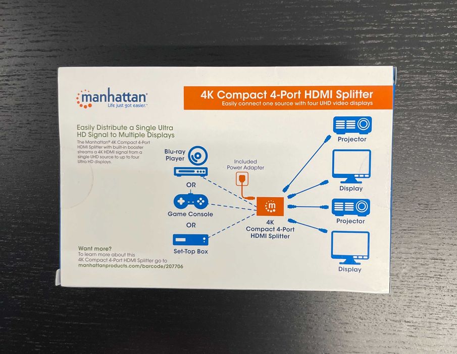 Rozdzielacz Splitter HDMI Manhattan 1x4, 4K 30Hz, UHD, 3D