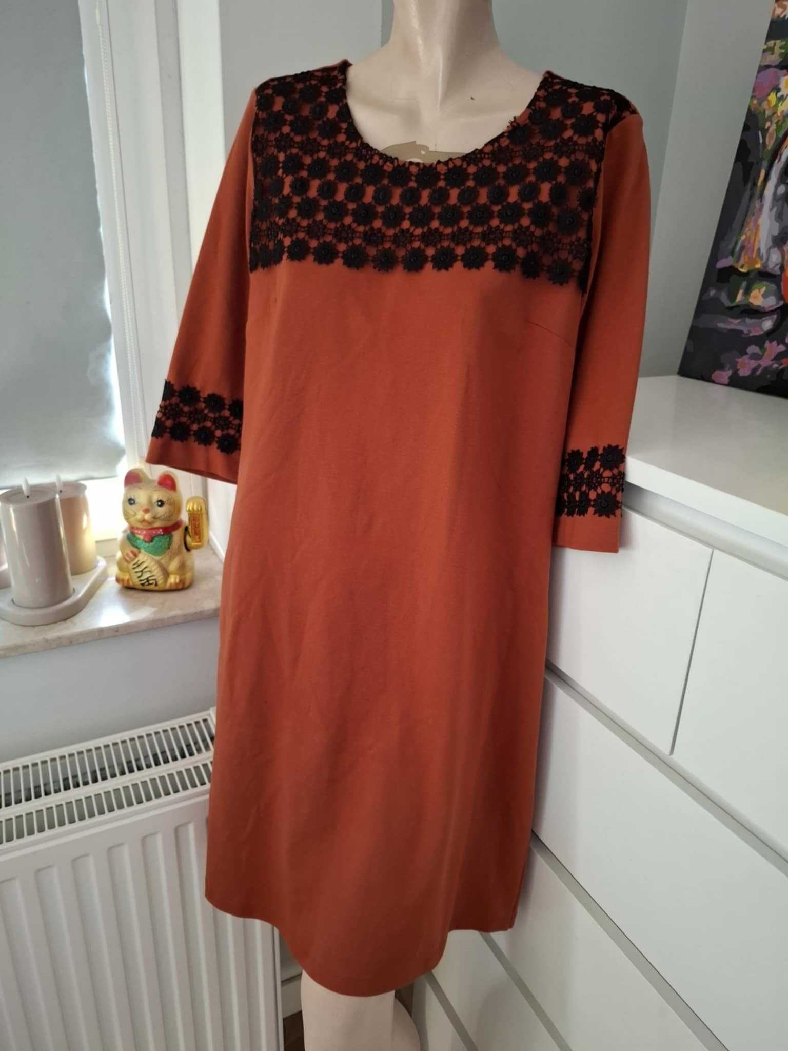 XXL 44 karmelowa brązowa czarna sukienka koronkowa letnia na lato boho