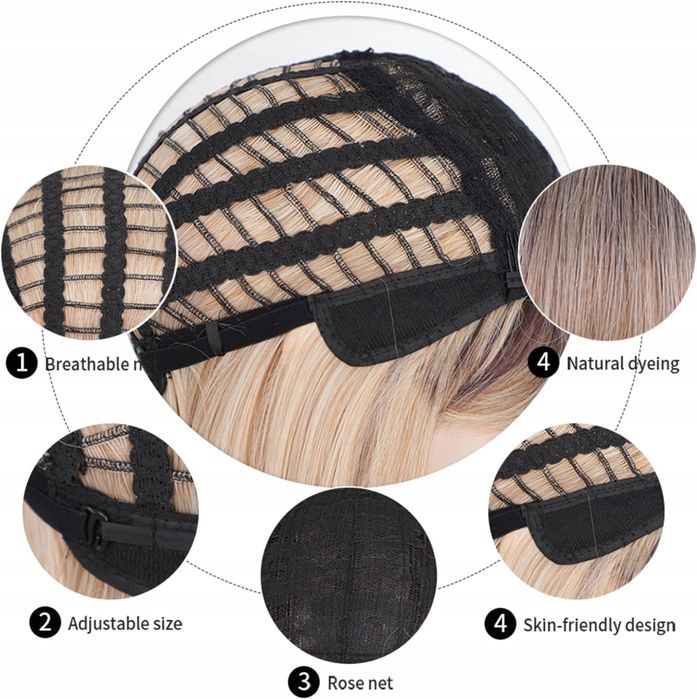 Peruka blond z grzywką, krótkie włosy syntetyczne