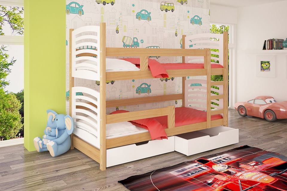 Łóżko piętrowe dla dzieci Janek 2 z szufladami + materace w zestawie