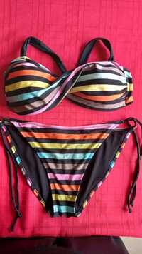 Strój kąpielowy bikini paski kolorowe miseczka B-C 38-40