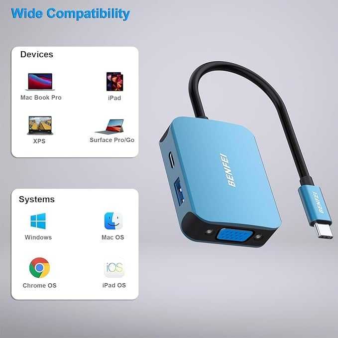 BENFEI Adapter USB C na HDMI VGA, typ C 3 w 1 do HDMI + VGA+USB 3.0,