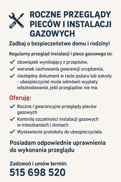 Roczny/gwarancyjny przegląd instalacji gazowej.
