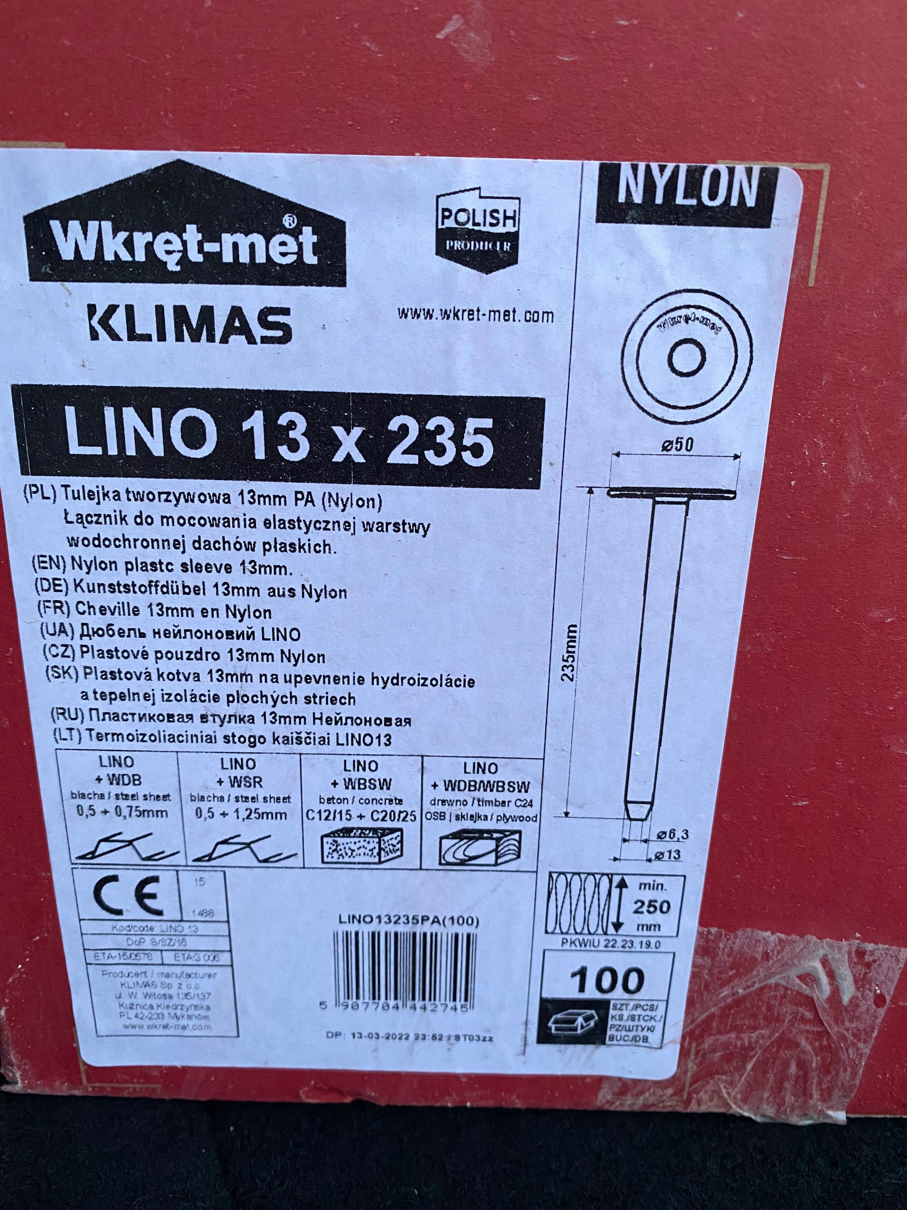 LINO 13x235 tuleja tworzywowa wkręt-met KLIMAS [90 zł/pudełko]