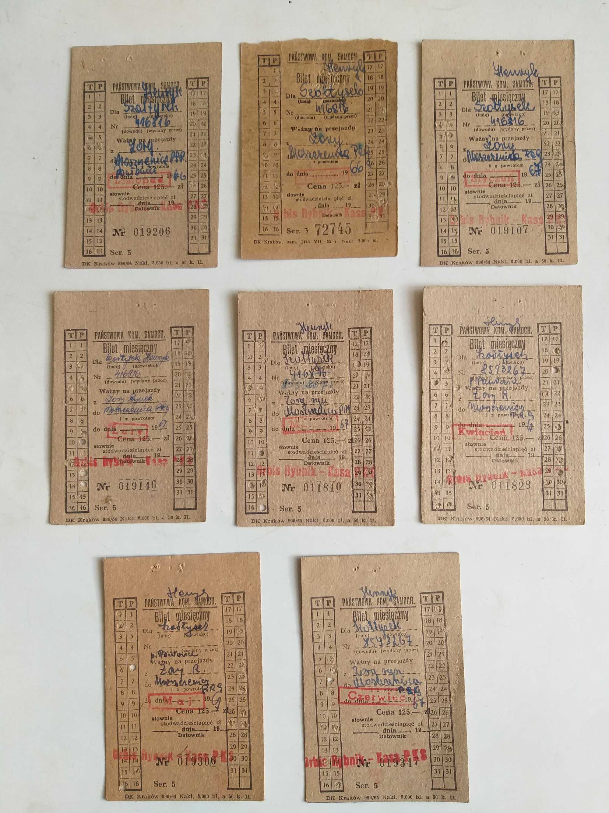 Bilety miesięczne PKS 1966-67 r. Żory-Moszczenica 9 sztuk