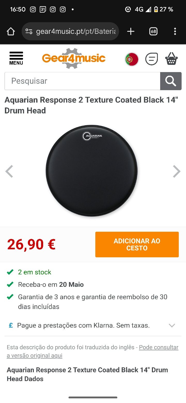 Aquarian Black Response 2 Peles Drumheads 10 e 14