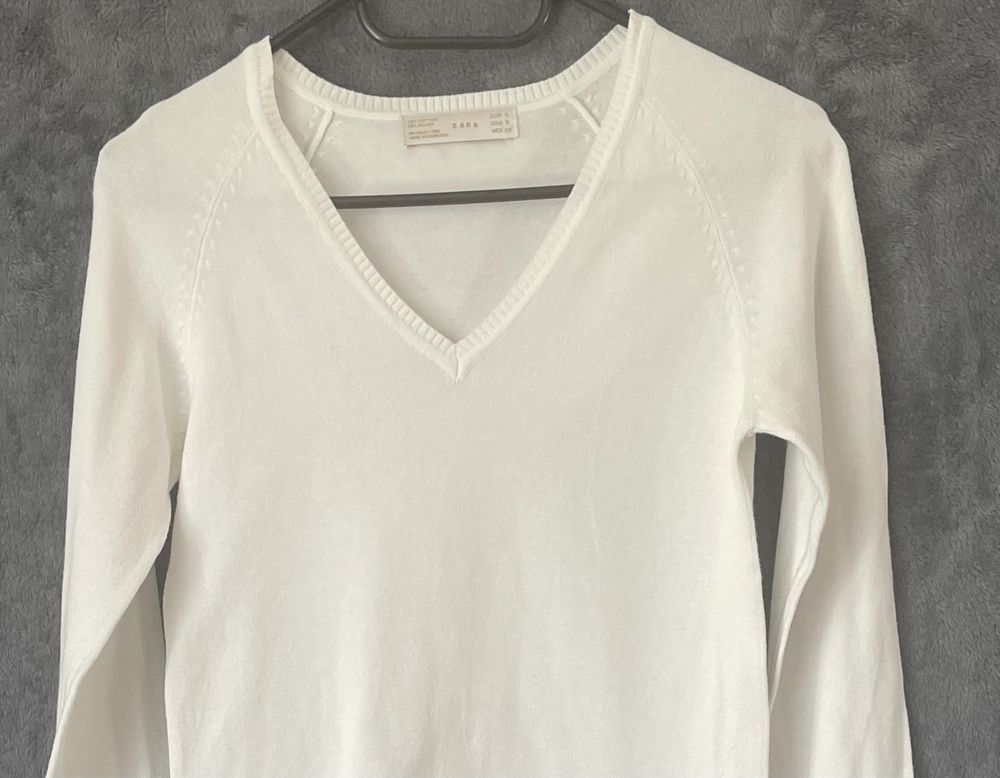 Zara biały sweter damski cienki w szpic długi rękaw, bawełna Xs / S
