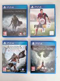 Jogos PS4 FIFA 15; Shadow of Mordor; Assassins Creed IV; Dragon Age