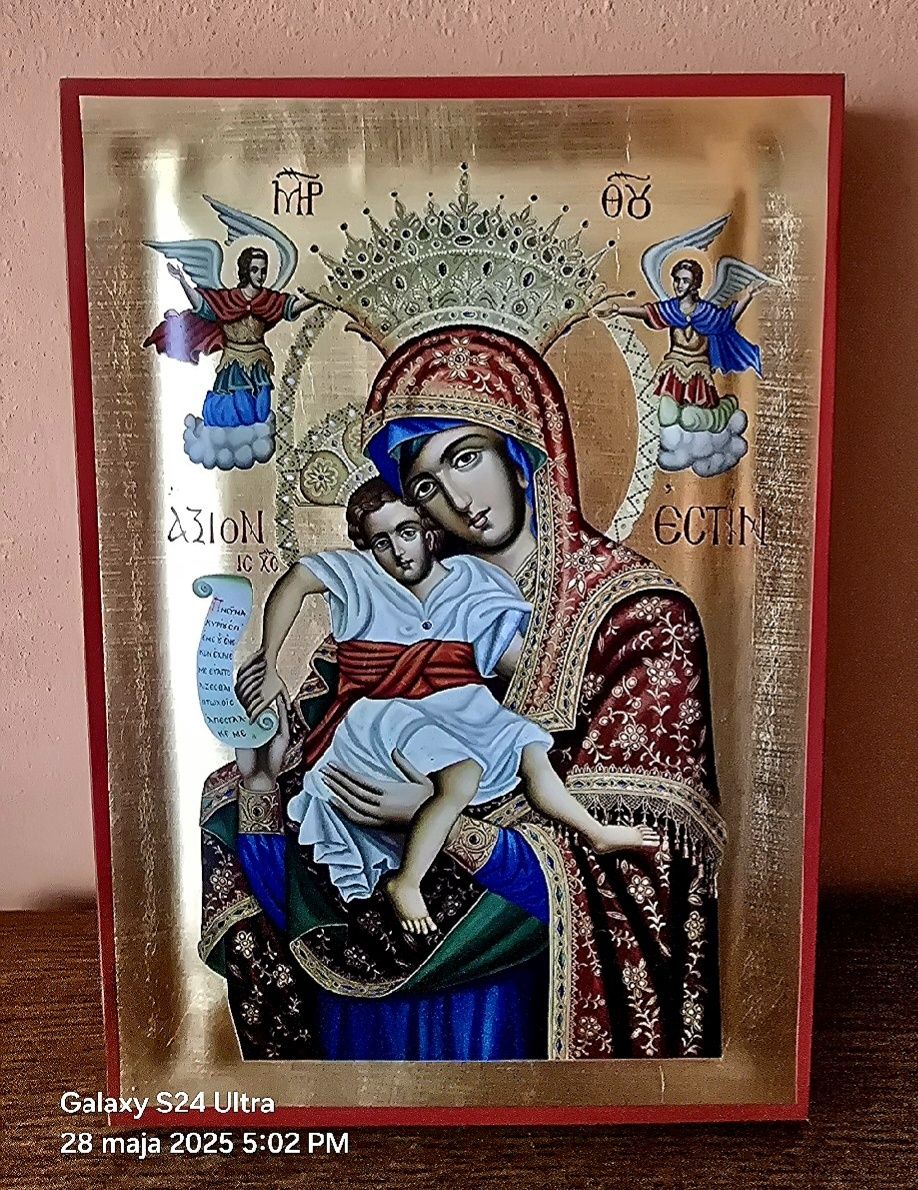 Piękna Ikona Grecka prawosławna na desce Matka Boża z Dzieciątkiem.