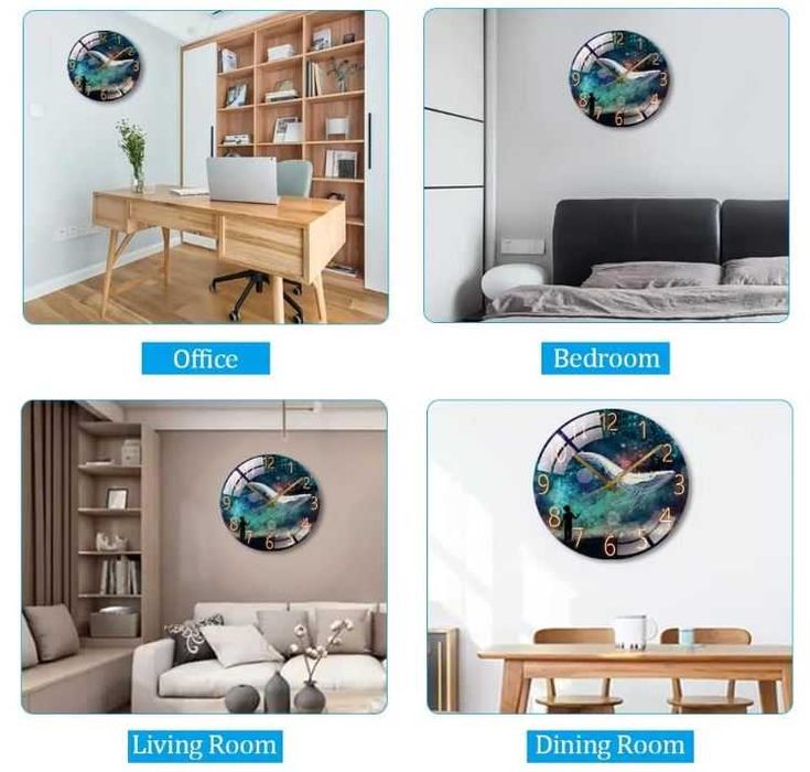 Cichy zegar ścienny, szklany, okrągły 26cm wzór wieloryb Cooltto