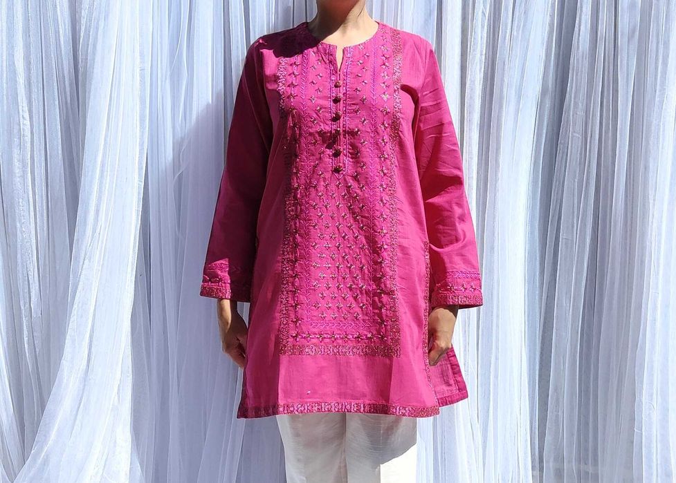 Różowa tunika boho S 36 bawełna róż złoto haft kameez hippie Bollywood